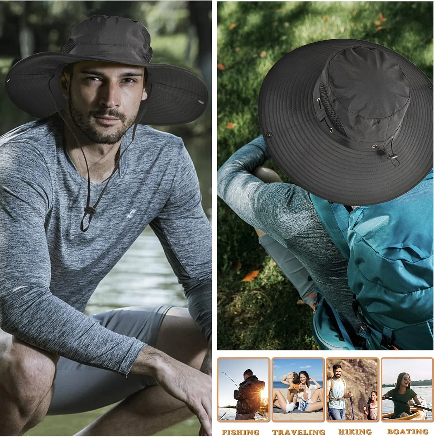 Wide Brim Fishing Sun Hat for Men Women, UPF 50  Waterproof Bucket Boonie Hat Hiking Camping Safari Garden Beach