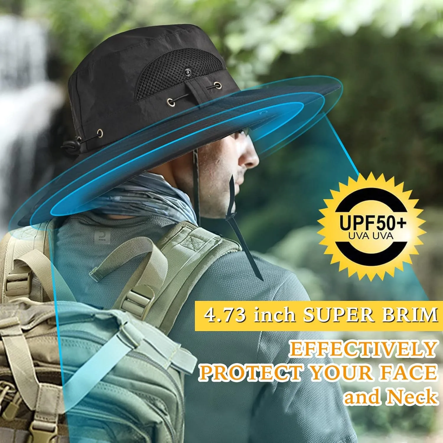 Wide Brim Fishing Sun Hat for Men Women, UPF 50  Waterproof Bucket Boonie Hat Hiking Camping Safari Garden Beach